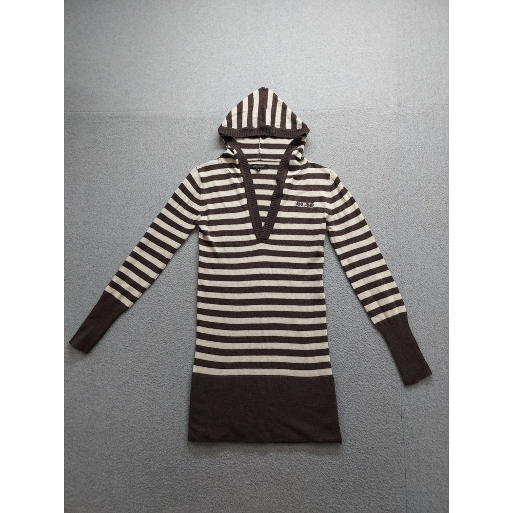 BCBGMAXAZRIA Women Sweater Dress S Brown Stripe Hoodie V Neck Knit Long Sleeve